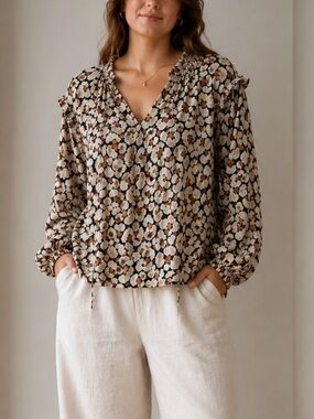 Hudson North Floral Print Ruffle Blouse Boho V-Neck Peasant Top 2X Plus Size